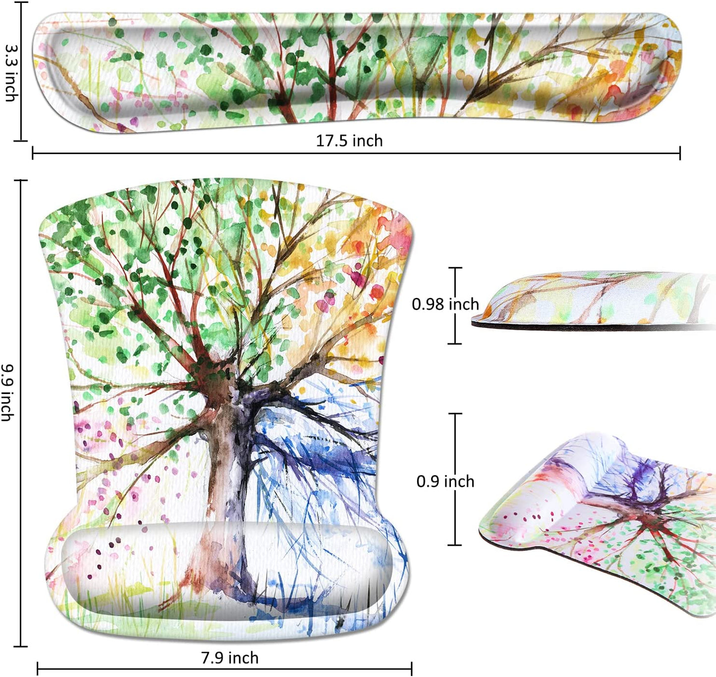 Ergonomic Mouse Pad with Wrist Rest Support and Keyboard Wrist Rest Pad,  Cute Wrist Pad with Non-Slip Rubber Base and Raised Memory Foam, Easy Typing & Pain Relief, Four Seasons Tree