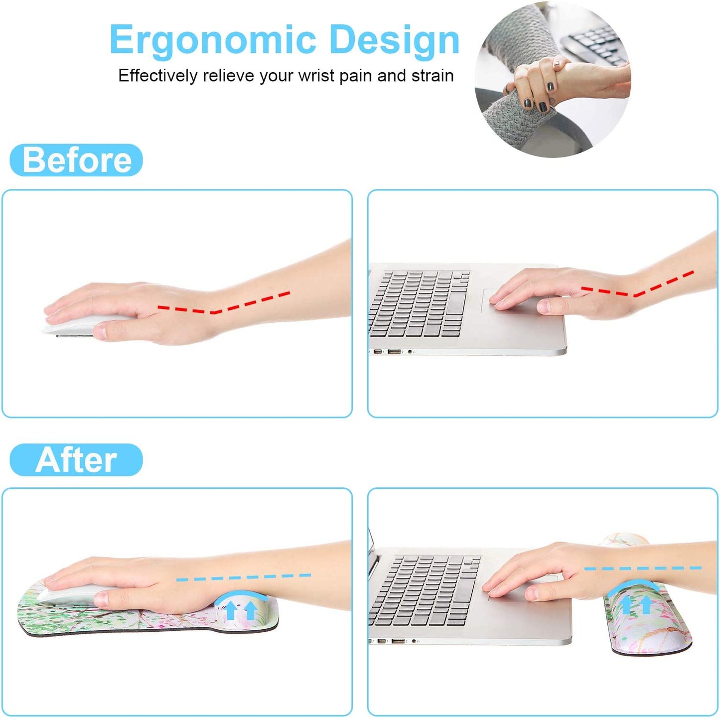 Ergonomic Mouse Pad with Wrist Rest Support and Keyboard Wrist Rest Pad,  Cute Wrist Pad with Non-Slip Rubber Base and Raised Memory Foam, Easy Typing & Pain Relief, Four Seasons Tree